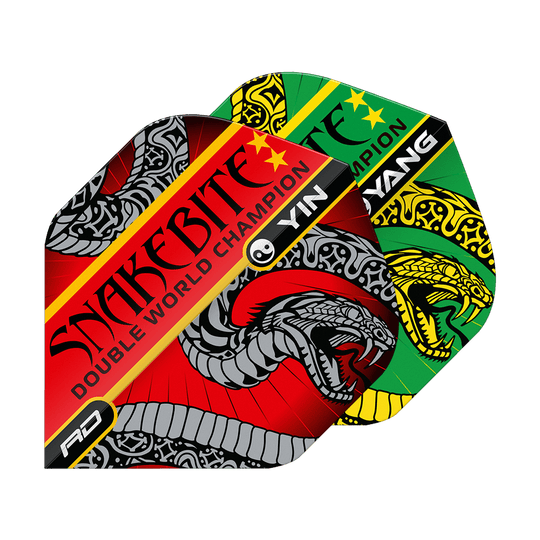 Red Dragon Peter Wright Snakebite Červeno-zelený Yin Yang Standardní lety Auf dem Bild sind zwei bunte Dart-Flights mit Schlangenmotiven zu sehen. Die Flights tragen die Aufschrift "Snakebite Double World Champion" und haben die Farben Rot und Grün.