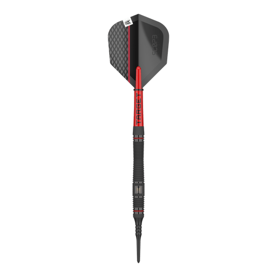Target Scope 11 Softdarts Das Bild zeigt einen Softdart namens "Target Scope 11 Softdarts". Der Dart ist schwarz und rot mit einem modernen Design und einer strukturierten Oberfläche.