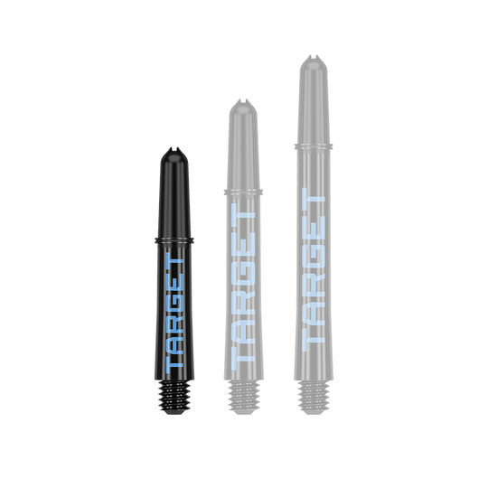 Target Pro Grip TAG Shafts - 3 Sets - Black Blue Auf dem Bild sind drei schwarze Dartschäfte mit blauer Schrift zu sehen. Sie tragen die Aufschrift "TARGET" und sind unterschiedlich lang.