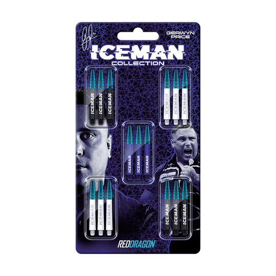 X0793_Red_Dragon_Gerwyn_Price_Iceman_Shaft_Collection_Medium_1 Das Bild zeigt das Produkt "Red Dragon Gerwyn Price Iceman Shaft Collection Medium" in seiner Verpackung. Die Verpackung enthält mehrere Sets von Dartshafts in verschiedenen Farben und trägt das Bild sowie den Namen von Gerwyn Price.
