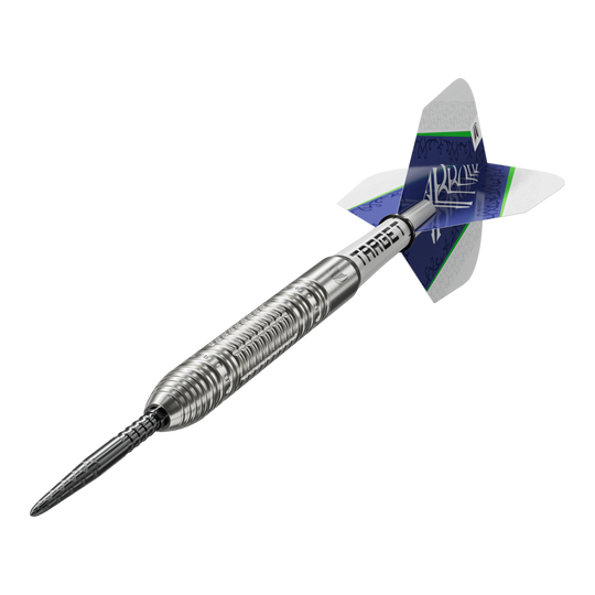 Ocelové šipky Target Shane McGuirk GEN1 Swiss Point - 23g Mehrere Target Shane McGuirk GEN1 Swiss Point Steeldarts - 23g sind nebeneinander angeordnet. Das Material ist glänzend.