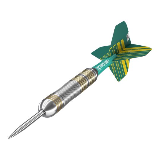 Target Rob Cross Brass Steeldarts - 22g Das Bild zeigt einen Target Rob Cross Brass Steeldart mit einem Gewicht von 22g. Der Dartpfeil hat einen silbernen Schaft mit goldenen Akzenten und grüne Flights.