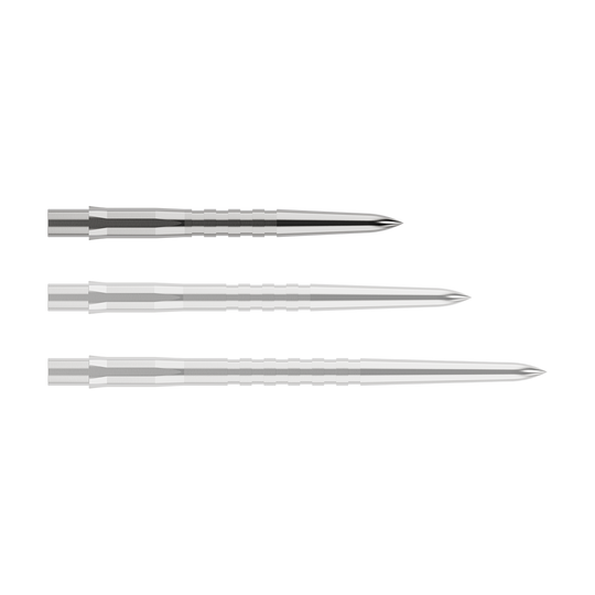 Puntas de dardos Mission Caliburn EVO - Ranuradas - Plateadas Das Bild zeigt drei silberne, gerillte Spitzen für Steeldarts in unterschiedlichen Längen. Sie sind nebeneinander auf einem weißen Hintergrund angeordnet.