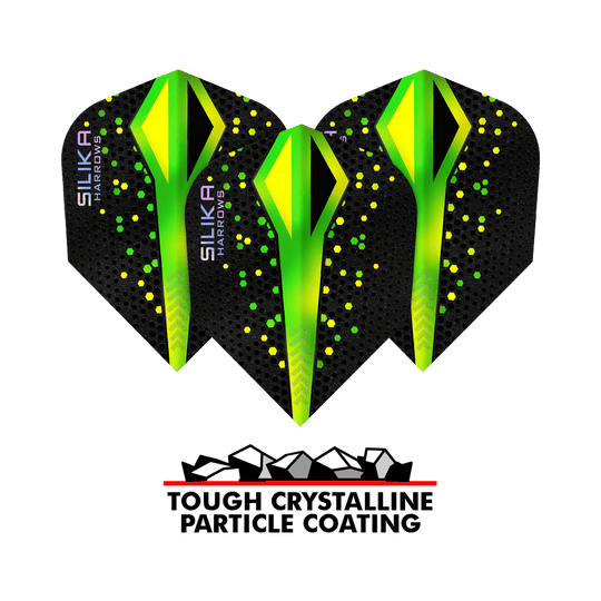 Harrows Silika Colourshift Tough Crystalline Coating Green No6 Flights Das Bild zeigt drei Harrows Silika Colourshift Tough Crystalline Coating Green No6 Flights mit schwarzem Hintergrund und grünen, gelben Akzenten. Darunter steht ein Logo mit der Aufschrift "Tough Crystalline Particle Coating".