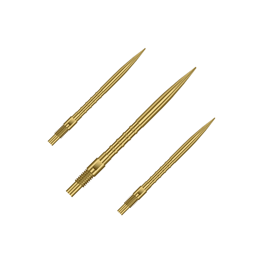 Das Bild zeigt ein Set aus goldenen Dartspitzen mit 30mm Länge. Es sind Harrows Quick Point Heavy Metal Grip Dartspitzen Gold 30mm im Set.