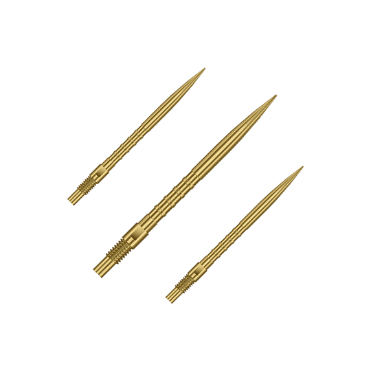 Harrows Quick Point Heavy Metal Dart Tips - Gold Das Bild zeigt ein Set aus goldenen Dartspitzen mit 30mm Länge. Es sind Harrows Quick Point Heavy Metal Grip Dartspitzen Gold 30mm im Set.