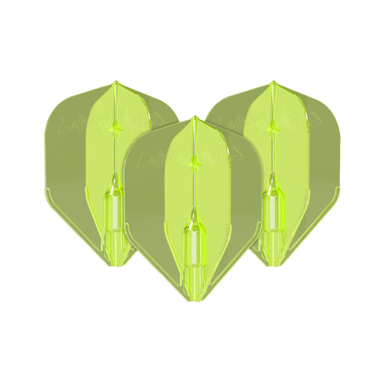 Plumas L-Style Fantom L3EZ Amarillo Neón Das Bild zeigt drei neongelbe L-Style Fantom L3EZ Flights für Dartpfeile. Sie sind aus Kunststoff und haben eine glänzende, transparente Oberfläche.