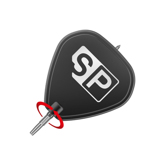 Puntas de dardos Target Swiss Point DX - Plata Das Bild zeigt eine schwarze Dart-Flügel mit der weißen Aufschrift "SP". Am unteren Ende ist eine silberne Dartspitze angebracht, um die ein roter Pfeil eine Drehbewegung anzeigt.