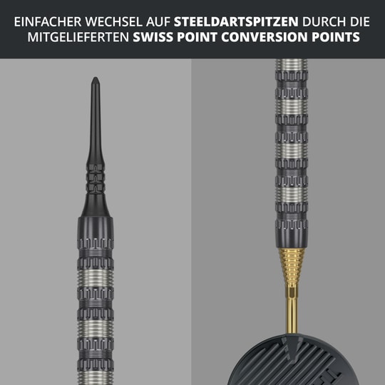 Dardos Target Rob Cross 95K Swiss Point Soft - 18 g Das Bild zeigt den Target Rob Cross 95K Swiss Point Softdart mit 18g Gewicht. Es wird darauf hingewiesen, dass ein einfacher Wechsel auf Steeldartspitzen durch die mitgelieferten Swiss Point Conversion Points möglich ist.