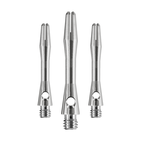 Das Bild zeigt drei silberfarbene Dartschäfte aus Metall. Es handelt sich um das Produkt "Harrows Keramic Shafts - Gun Metal".
