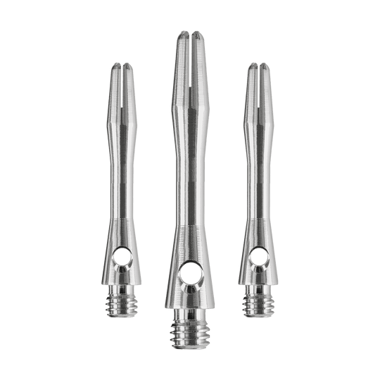 HR369_Harrows_Keramic_Shafts_Gun_Metal_35mm_1 Das Bild zeigt drei silberfarbene Dartschäfte aus Metall. Es handelt sich um das Produkt "Harrows Keramic Shafts - Gun Metal".