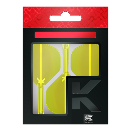 System lotu Target K-Flex No2 Standard – neonowożółty Das Bild zeigt eine Packung mit neon-gelben Dart-Flights der Marke Target. Die Verpackung ist überwiegend schwarz mit einem auffälligen roten Bereich am oberen Rand.
