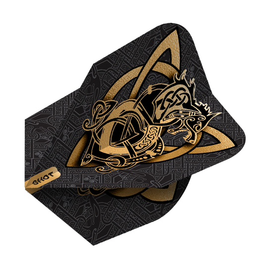 Vuelos de Shot Viking Wolf No. 6 Das Bild zeigt die Shot Viking Wolf No6 Flights mit einem eindrucksvollen goldenen Wikinger-Wolf-Design auf schwarzem Hintergrund. Die Flights sind mit detailreichen, nordisch inspirierten Mustern verziert.