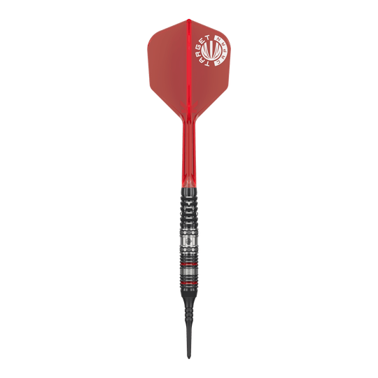 Dardos blandos Target Japan Prime Series Diamond GEN3 - 18 g Auf dem Bild ist ein Softdart aus der Target Japan Prime Series Diamond GEN3 mit einem Gewicht von 18g zu sehen. Der Dart hat eine rote Flight und einen schwarz-silbernen Schaft mit feinen Details.