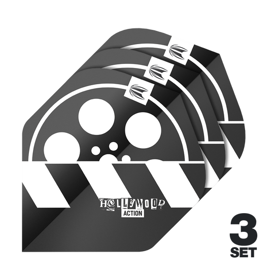 Target Pro Ultra Chris Dobey Hollywood Action No2 Standardní letky - 3 sady Das Bild zeigt drei Sätze Target Pro Ultra Chris Dobey Hollywood Action No2 Standard Flights für Dartpfeile. Das Design ist schwarz-weiß mit einem Filmrollen- und Klappenmotiv sowie der Aufschrift "Hollywood Action".