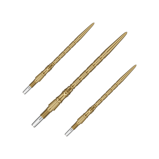 Target Signature Swiss Point TRB Steeldartspitzen - Gold Das Bild zeigt ein Set goldener Dartspitzen mit 42mm Länge. Die Spitzen sind Target SwissPoint Signature TRB Dartspitzen.