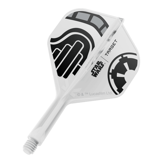Target Star Wars K-Flex Stormtrooper No2 Standard Flights Das Bild zeigt einen kurzen Dartflügel mit dem Dateinamen 'Stormtrooper No2 Standard Flights Short 19mm 1'. Das Design ist inspiriert von der Star Wars Stormtrooper Optik.