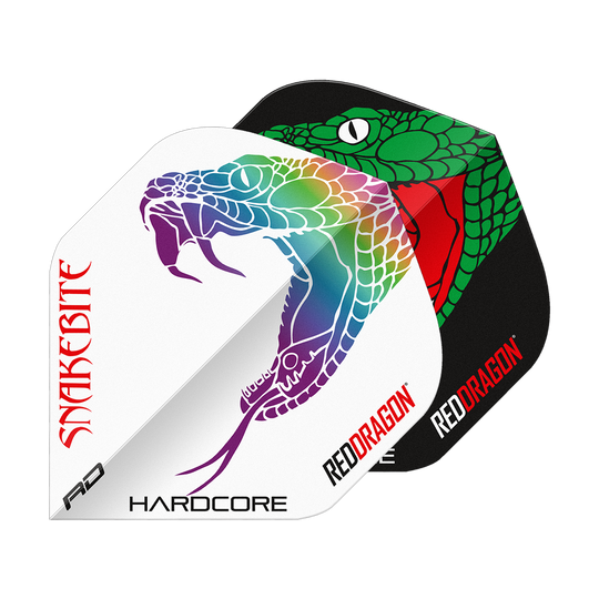 Red Dragon Peter Wright Uštknutí hadem Černá Bílá Jin Jang Standardní lety Das Bild zeigt zwei Dart-Flights mit auffälligen Schlangenmuster-Designs in Schwarz und Weiß. Auf beiden Flights stehen die Wörter "Snakebite" und "Red Dragon".