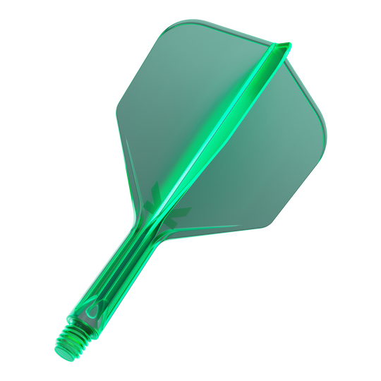 System lotu Target K-Flex No6 – zielony Das Bild zeigt eine grüne Dart-Flügel- und Schaft-Kombination. Das Material wirkt transparent und hat eine glatte Oberfläche.