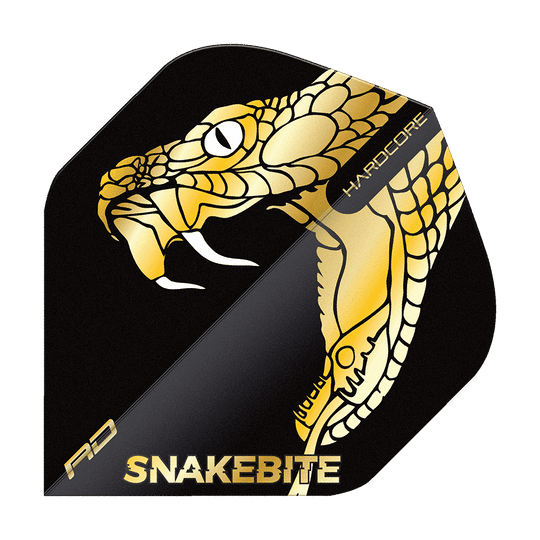 TF6837_Red_Dragon_Hardcore_Premium_Peter_Wright_Snakebite_Gold_Snake_Standard_Flights_1Ykknr8e6Ckfa1 Das Bild zeigt einen Dart Flight mit einem goldenen Schlangenkopf auf schwarzem Hintergrund. Unten steht in goldener Schrift "SNAKEBITE" und oben rechts steht "HARDCORE".