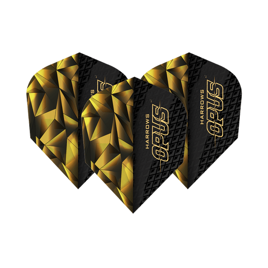 Harrow's Opus verze 1 Lety Das Bild zeigt die Harrows Opus Version 1 Flights. Sie haben ein auffälliges schwarzes und goldenes geometrisches Design mit dem Schriftzug "OPUS" darauf.