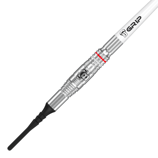 Bulls Niko Springer Softdarts - 22g Das Bild zeigt einen Bulls Niko Springer Softdart mit einem Gewicht von 22g. Der Dart hat eine silberne Metallspitze und einen weißen Schaft mit der Aufschrift "B GRIP".