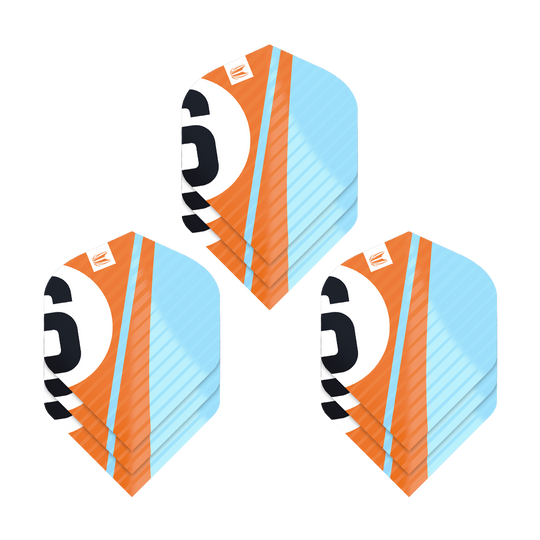337213_Target_ProUltra_3Sets_Chicane_Orange_No2_Standard_Flights_1orS0WLuu8Wx1H Das Bild zeigt drei Sets von Target Pro Ultra Chicane Orange No2 Standard Flights. Die Flights sind in den Farben Orange, Hellblau, Weiß und Schwarz gestaltet.