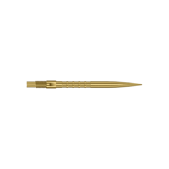 Das Bild zeigt goldene Dartspitzen mit starkem Metallgriff und 30mm Länge. Zu sehen ist das Produkt Harrows Quick Point Heavy Metal Grip Dartspitzen Gold 30mm.