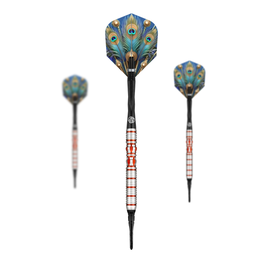 Dardos blandos Juno del Imperio Romano Das Bild zeigt drei Softdarts des Modells „Shot Roman Empire Juno“. Die Flights sind mit einem auffälligen Pfauenfeder-Muster gestaltet.