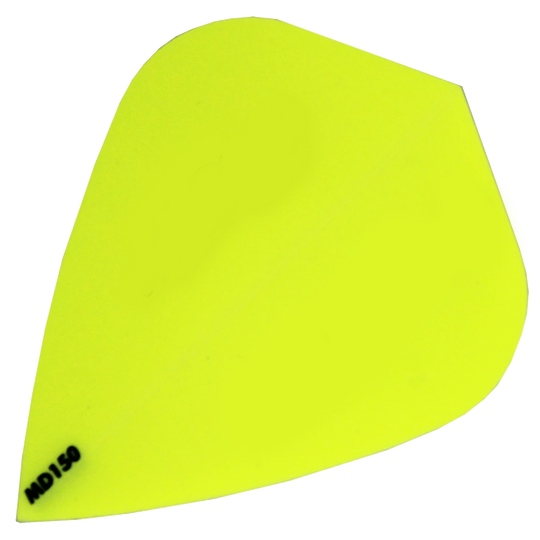 MD150-Kite-Gelb Das Bild zeigt ein leuchtend gelbes Dartflight des Modells „McDart MD150 – Kite Flight“. In der unteren linken Ecke steht in schwarzer Schrift „MD150“.