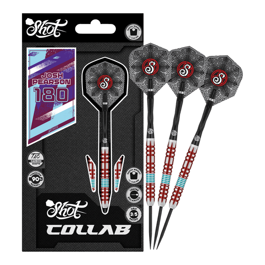 Dardos de acero Shot Collab Pro Series Josh Pearson - 23 g Das Produkt Shot Collab Pro Series Josh Pearson Steeldarts - 23g wird gezeigt. Die Darts besitzen eine präzise Verarbeitung für maximale Leistung.
