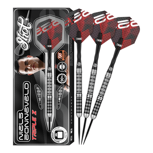 Tiro de dardos de acero Niels Zonneveld V2 Das Bild zeigt das Produkt "Shot Niels Zonneveld V2 Steeldarts" samt Verpackung und vier Steeldarts. Die Darts haben ein silber-schwarzes Design mit roten Flights.