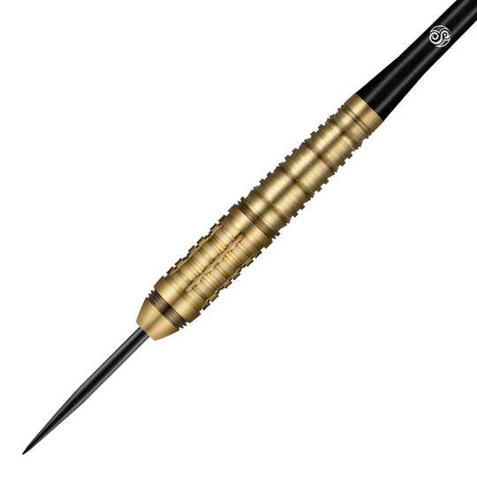 Dardos de acero Shot Redline Mach 1 Das Bild zeigt einen Steeldart der Marke Shot Redline Mach 1. Der Dart hat eine goldene, geriffelte Oberfläche und eine schwarze Spitze.
