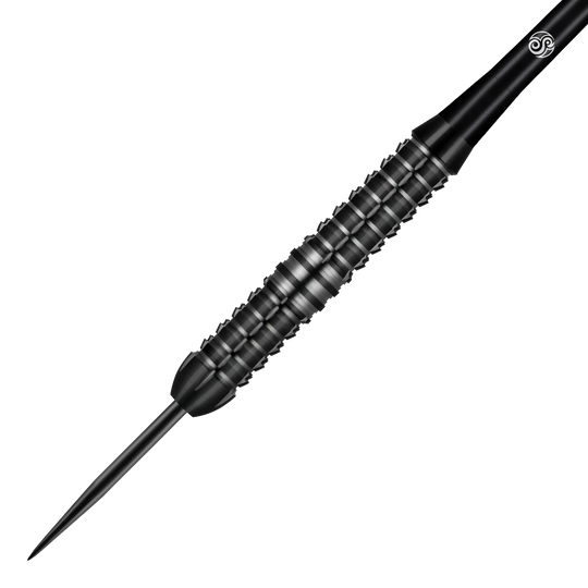 Dardos de acero Shot Redline Blazed Das Bild zeigt einen schwarzen Steeldart namens "Shot Redline Blazed". Der Dart hat ein geriffeltes Griffstück für besseren Halt.