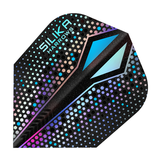 Harrows Silika Colourshift Tough Crystalline Coating Silver-X No6 Flights Das Bild zeigt ein Dart-Flight mit dem Namen "Harrows Silika Colourshift Tough Crystalline Coating Silver-X No6". Das Flight hat ein glänzendes, sechseckiges Muster mit schimmernden Farben und einem markanten blauen Designelement.