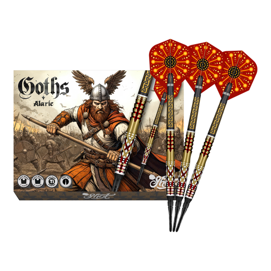 Fléchettes Shot Goths Alaric Soft - 20 g Abgebildet sind die Shot Goths Alaric Softdarts - 20g in voller Ansicht. Die gesamte Länge der Darts ist deutlich erkennbar.