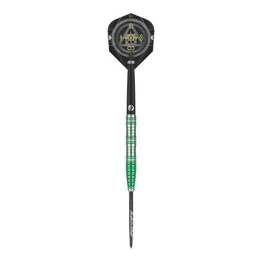 Shot Alchemy Mythril Turbo Point Steeldarts Mehrere Dartpfeile liegen parallel auf einem weißen Untergrund. Sie haben auffällige Spitzen.