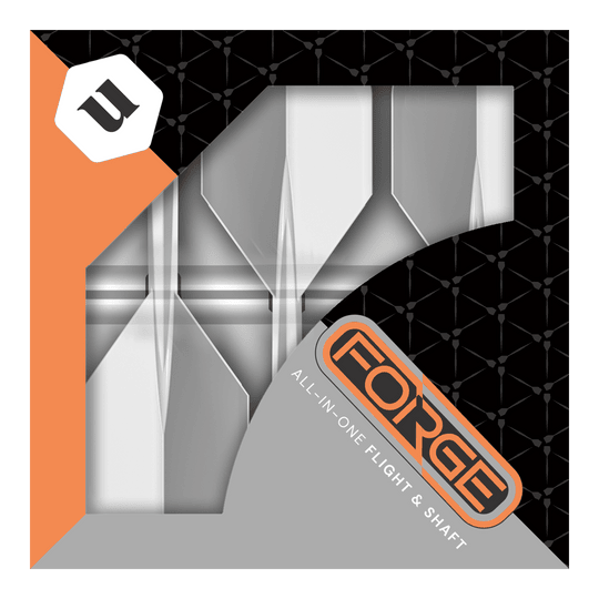 Unicorn Forge All In One Plus No2 Standard Flights Trasparente - Medio Das Bild zeigt die Verpackung des Produkts „Unicorn Forge All In One Plus No2 Standard Flights Clear - Medium“. Die Verpackung ist in Schwarz, Orange und Grau gehalten und zeigt die Flights und Shafts durch ein Sichtfenster.