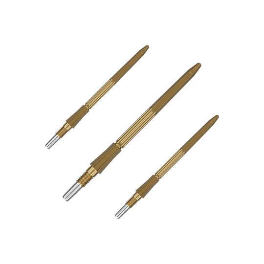 Das Bild zeigt ein Set goldener Dartspitzen. Es handelt sich um Target Elysian Archetype 43 SwissPoint Dartspitzen, 35 mm.