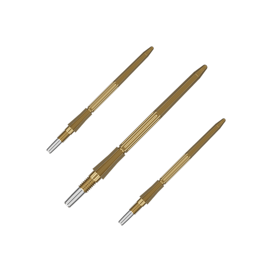 Target Elysian Archetype 43 Swiss Point Steel Dart Tips - Gold Das Bild zeigt ein Set goldener Dartspitzen. Es handelt sich um Target Elysian Archetype 43 SwissPoint Dartspitzen, 35 mm.