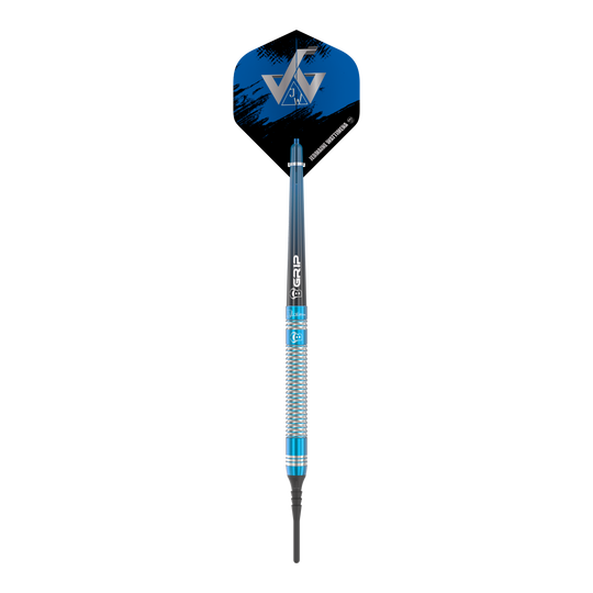Bulls Jermaine Wattimena Generation 3 Softdarts - 20g Das Bild zeigt einen Bulls Jermaine Wattimena Generation 3 Softdart mit 20g Gewicht. Der Dartpfeil hat ein auffälliges blau-silbernes Design und ein schwarzes Flight mit silbernem Logo.
