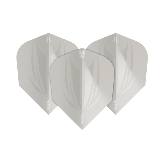 TG415_Target_ProUltra_ID_Grey_No6_Flights_1hxWGJLp2ktlHo Das Bild zeigt drei graue Dart-Flights des Modells "Target ProUltra ID Grey No6". Die Flights haben ein schlichtes, modernes Design mit einem dezenten Muster.