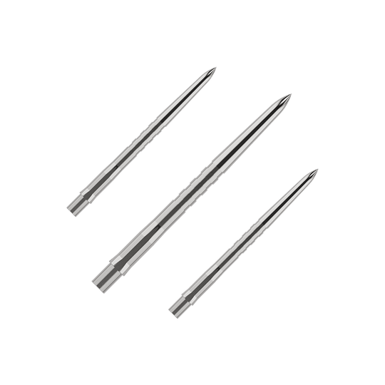 Mission Caliburn EVO Dart Tips - Grooved - Silver Das Bild zeigt drei silberne, gerillte Spitzen für Steeldarts. Sie sind schlank und spitz zulaufend, nebeneinander angeordnet.