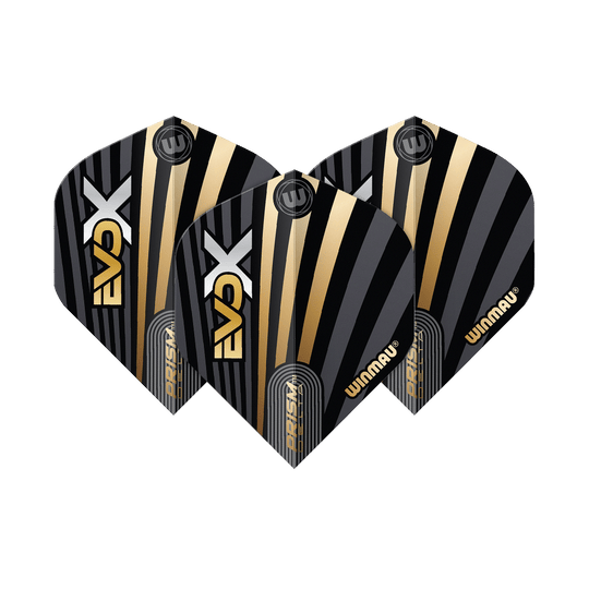 Standardní letky Winmau Prism Delta MvG Evo-X No2 Das Bild zeigt drei Winmau Prism Delta MvG Evo-X No2 Standard Flights. Sie haben ein schwarzes Design mit goldenen und silbernen Streifen sowie dem Winmau-Logo.