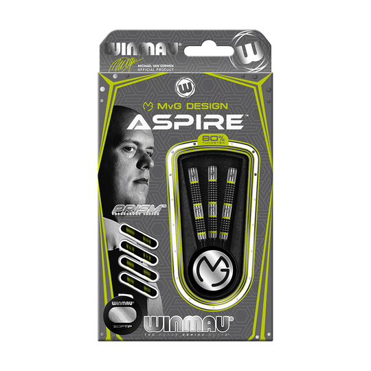 2433_Winmau_Michael_Van_Gerwen_MvG_Aspire_Softdarts_3 Winmau Michael Van Gerwen MvG Aspire Softdarts 20g sind Dartpfeile mit modernen Akzenten. Sie werden nebeneinander präsentiert.