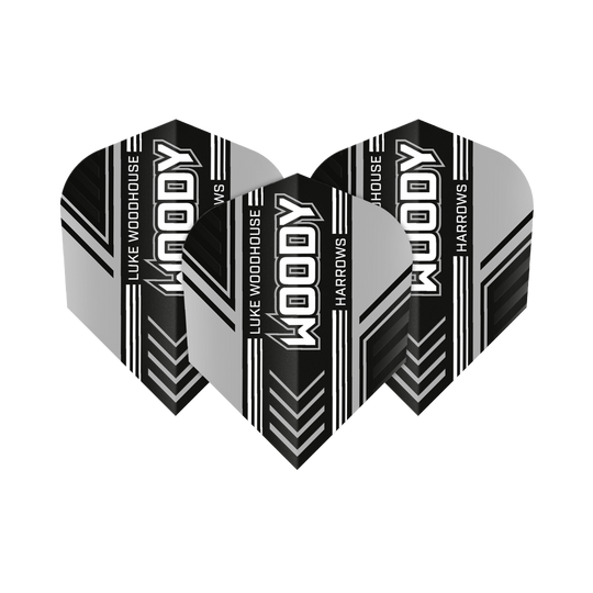 Harrows Prime Luke Woodhouse Woody No6 Lety Das Bild zeigt drei Dart-Flights mit dem Aufdruck "WOODY", "LUKE WOODHOUSE" und "HARROWS". Die Flights sind in Schwarz, Weiß und Grau gestaltet und haben ein modernes Streifendesign.