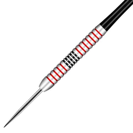 Shot Michael Smith Plated Brass Steeldarts - 24g Das Bild zeigt einen Shot Michael Smith Plated Brass Steeldart mit einem Gewicht von 24g. Der Dartpfeil hat rote und schwarze Rillen auf dem silbernen Barrel.