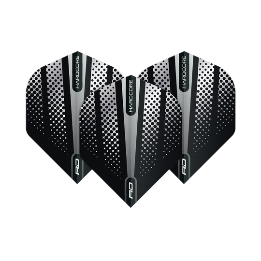 TF6507_Red_Dragon_Hardcore_Radical_Black_Flash_Standard_Flights_1pHSIbILMHMM50 Das Bild zeigt drei Dart-Flights des Produkts "Red Dragon Hardcore Radical Black Flash Standard Flights". Die Flights sind schwarz mit silbernen und weißen Punkten und Streifen gestaltet.