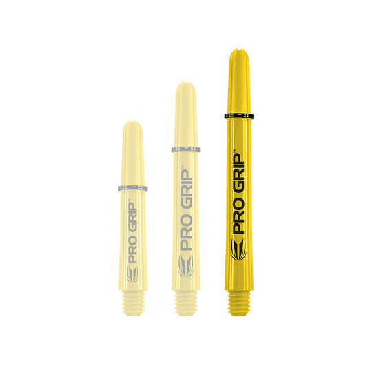 Auf dem Bild sind drei gelbe Pro Grip Shafts in unterschiedlichen Längen zu sehen. Sie stehen nebeneinander und tragen die Aufschrift "PRO GRIP".