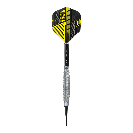 Freccette morbide Harrows NX90 Bomb Das Bild zeigt einen Harrows NX90 Bomb Softdart mit einem silbernen, geriffelten Barrel. Die Flight-Feder ist schwarz und gelb gemustert und trägt den Produktnamen.